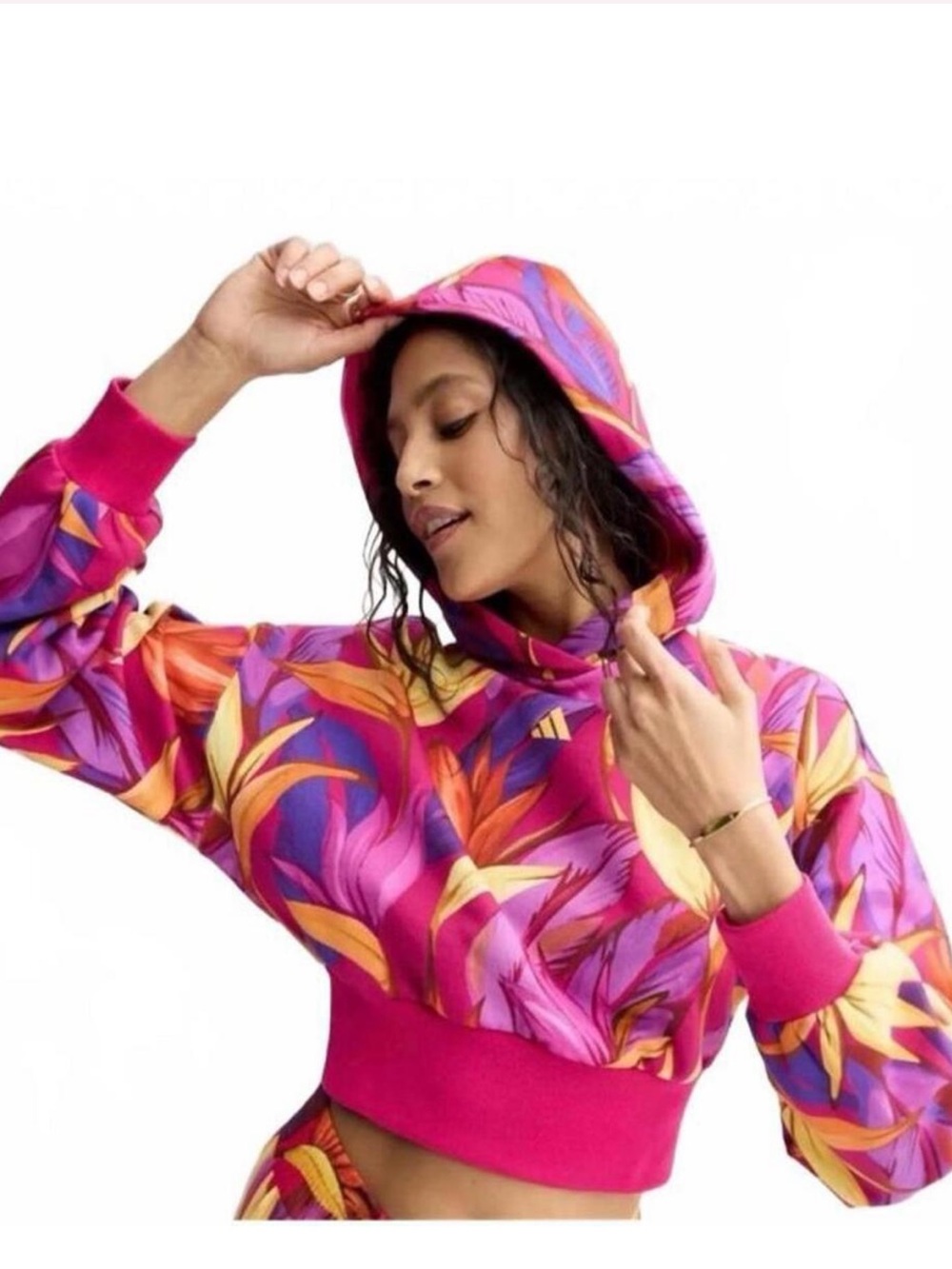Adidas x Farm Rio Women’s XS Cropped Hoodie Pink Birds of Paradise Sweatshirt - Picture 5 of 5